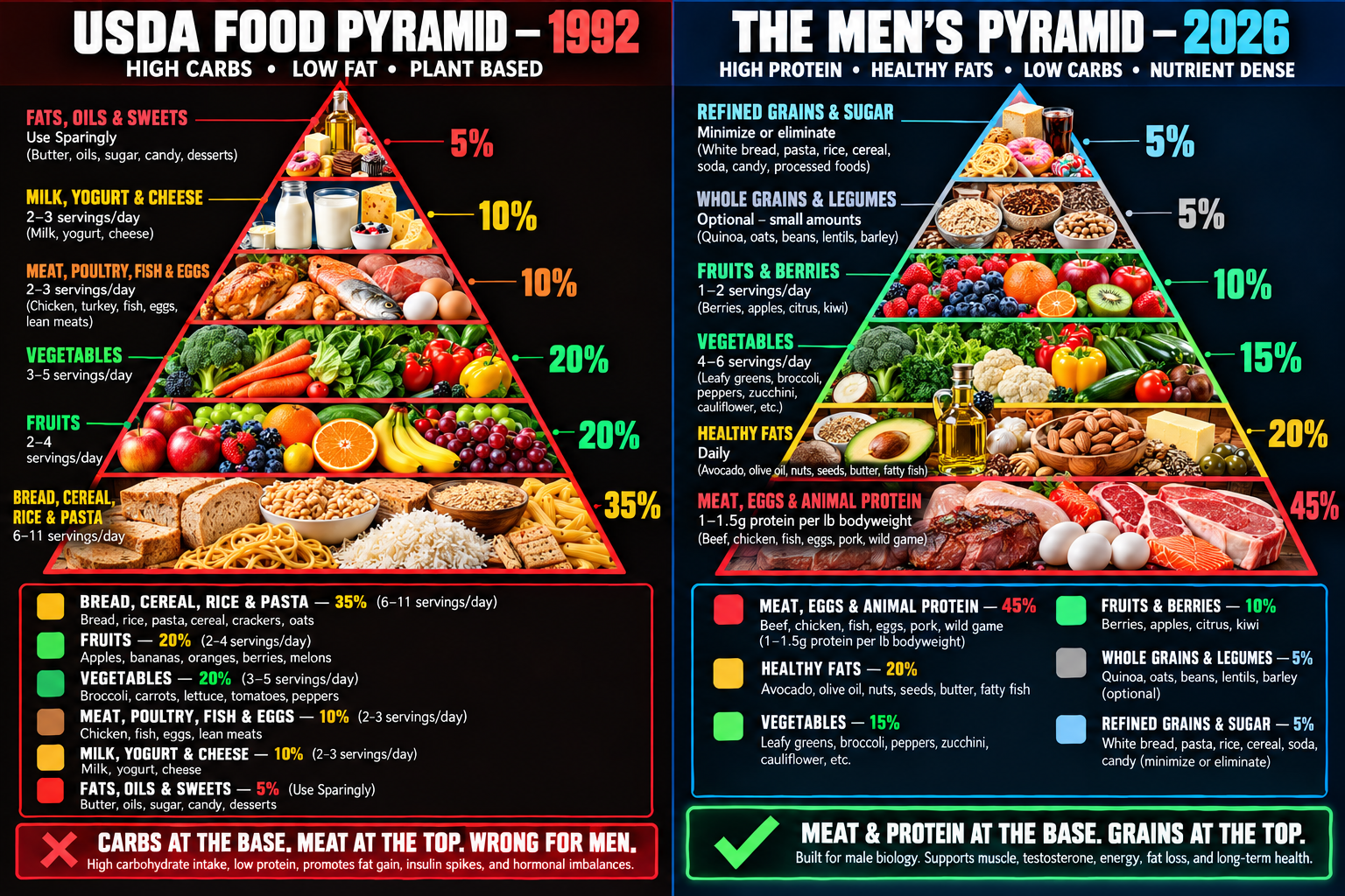 The Men's 2026 Food Pyramid vs 1992 USDA Food Pyramid